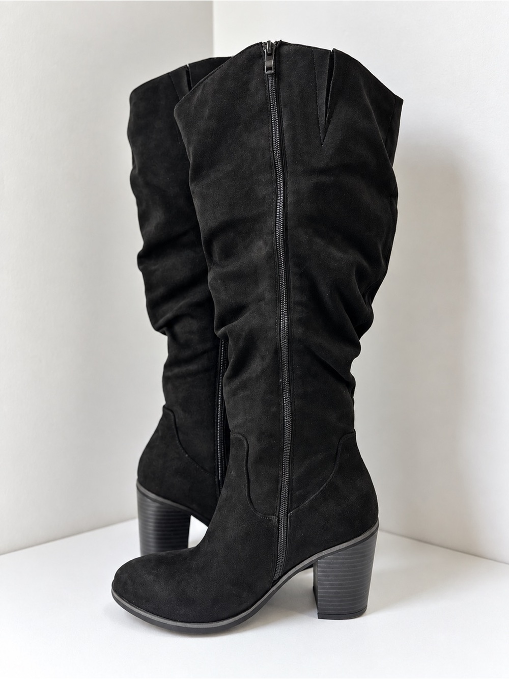 Black Faux Suede Slouchy Knee High Boots Block Heel Size 8.5 WW